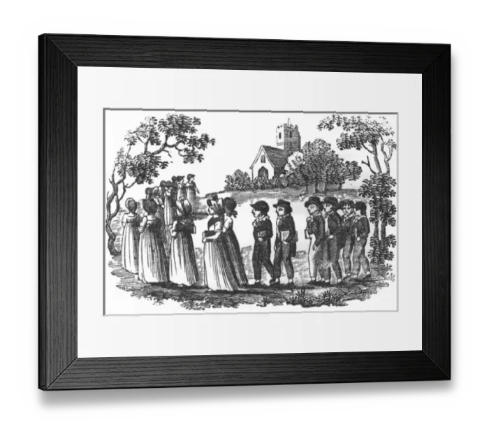 Framed Print : Girls and boys line up for church, c. 1800 Framed Print : Girls and boys line up for church, c. 1800