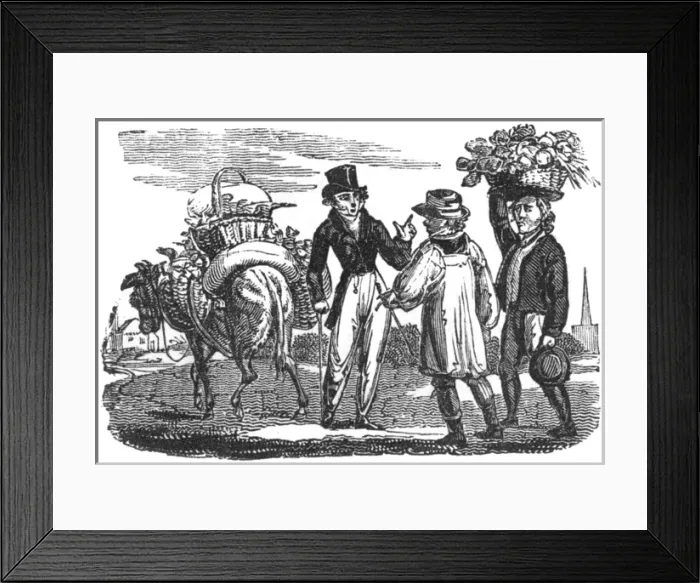 Framed Print : Gentleman talking to farmers with produce, c. 1800 Framed Print : Gentleman talking to farmers with produce, c. 1800