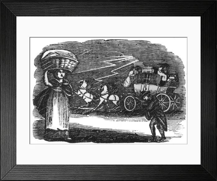 Framed Print : Carriage and pedestrians in thunderstorm, c. 1800 Framed Print : Carriage and pedestrians in thunderstorm, c. 1800