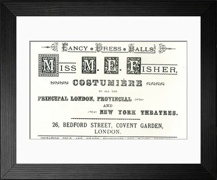 Framed Print : Advertisement, Miss M E Fisher, theatre costumier Framed Print : Advertisement, Miss M E Fisher, theatre costumier