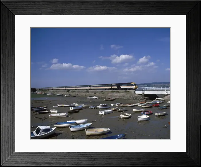 Framed Print : View of boats in the harbour, with train, Cockwood, Devon Framed Print : View of boats in the harbour, with train, Cockwood, Devon