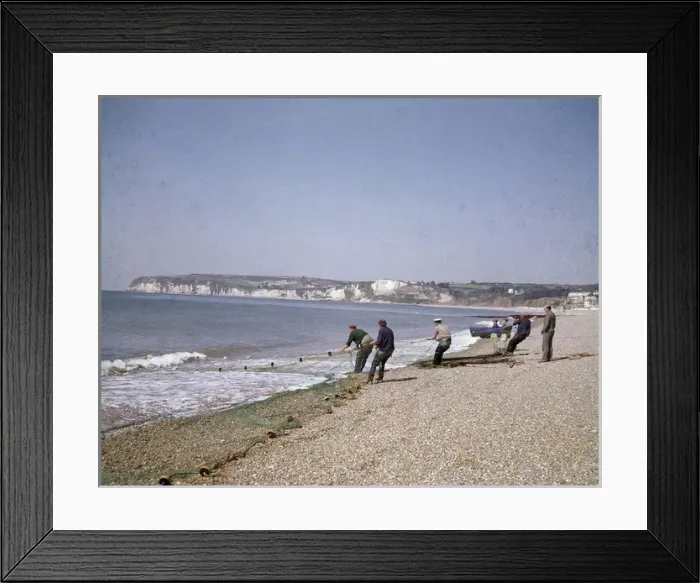 Framed Print : Men with fishing nets at Seaton, Devon Framed Print : Men with fishing nets at Seaton, Devon