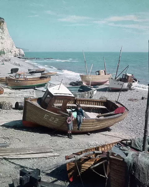 Fishing boats on the shingle beach at Beer, East Devon