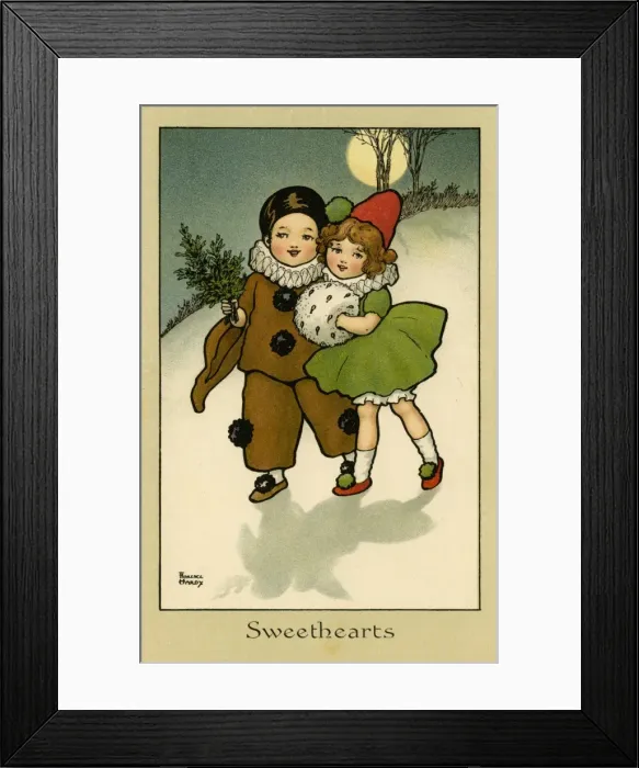 Framed Print : Secrets. Two children dressed in Pierrot and Pierrette clown costumes share Framed Print : Secrets. Two children dressed in Pierrot and Pierrette clown costumes share