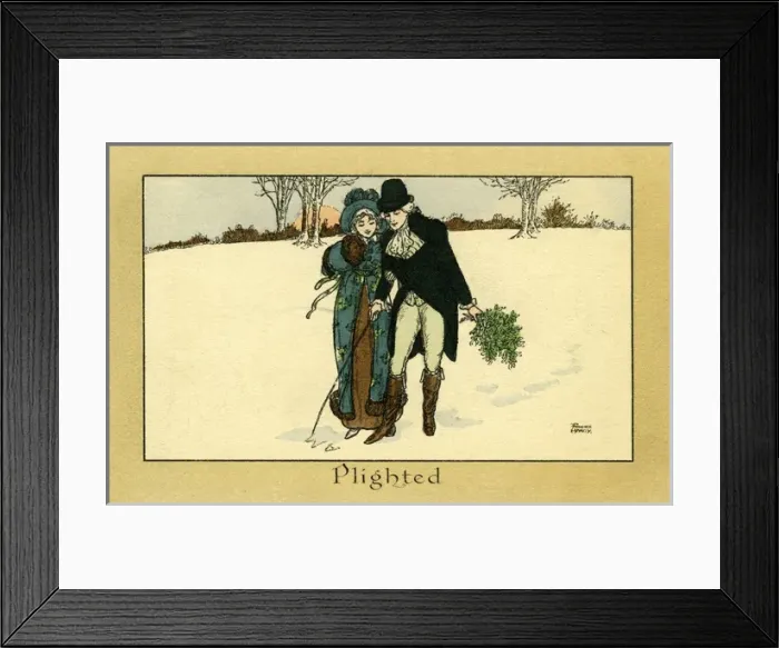 Framed Print : Plighted. A couple from the late 18th century with Xmas holly plight their Framed Print : Plighted. A couple from the late 18th century with Xmas holly plight their
