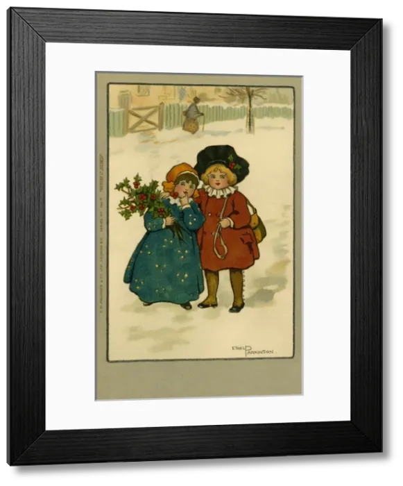 Framed Print : Boy & girl in snowy scene Framed Print : Boy & girl in snowy scene