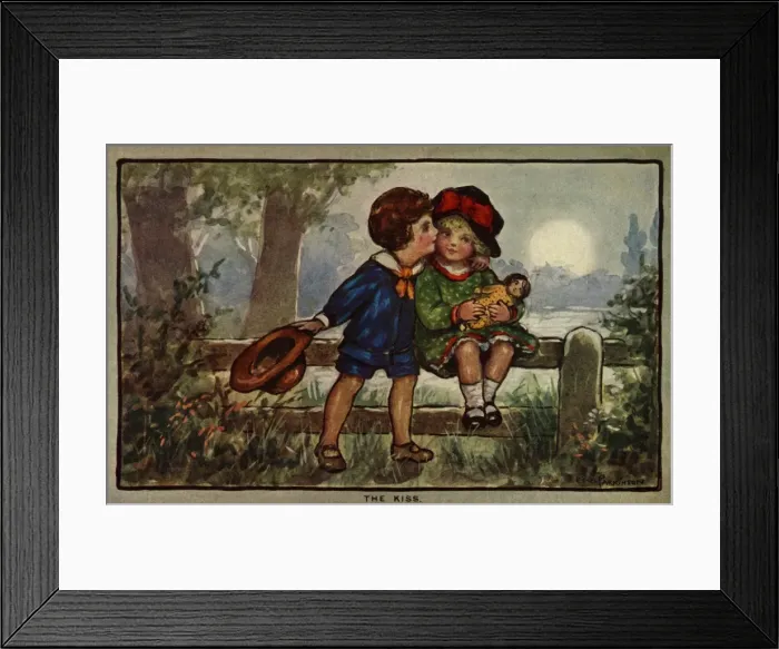 Framed Print : The kiss. Boy kisses his young girlfriend seated on a fence holding her doll Framed Print : The kiss. Boy kisses his young girlfriend seated on a fence holding her doll