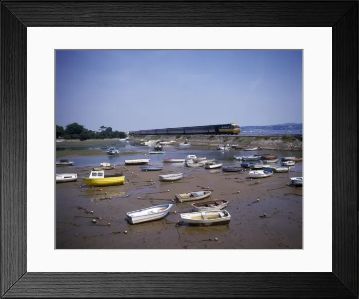 Framed Print : View of boats in the harbour, with train, Cockwood, Devon Framed Print : View of boats in the harbour, with train, Cockwood, Devon
