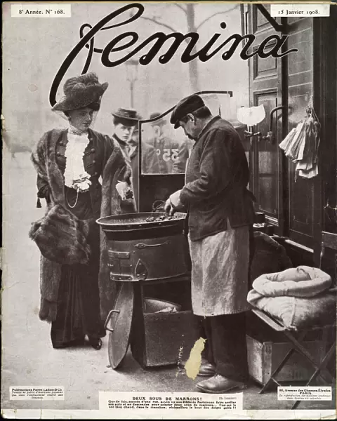 French street trader selling hot roasted chestnuts 1908
