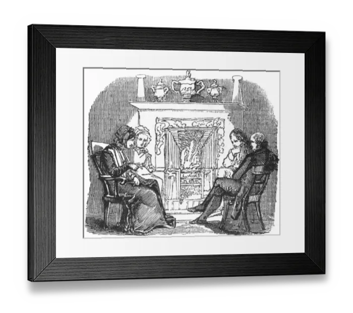 Framed Print : Group in front of fire, c. 1800 Framed Print : Group in front of fire, c. 1800