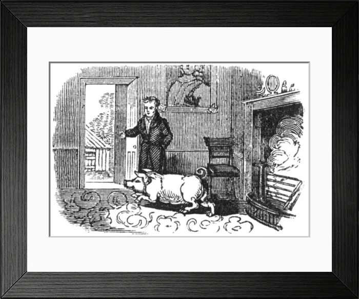 Framed Print : Man ushering a pig out of his house, c. 1800 Framed Print : Man ushering a pig out of his house, c. 1800