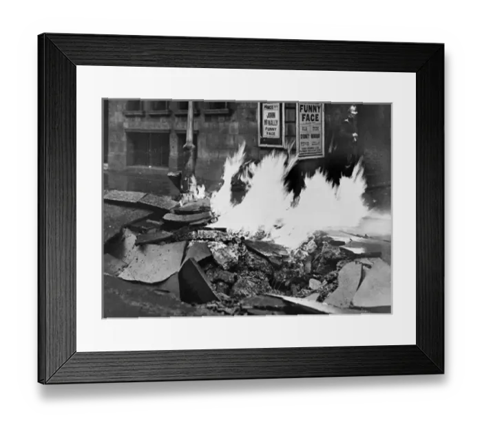 Framed Print : Fire from gas explosion on a London street Framed Print : Fire from gas explosion on a London street