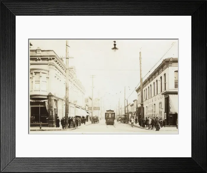 Framed Print : American street scene with tram and people Framed Print : American street scene with tram and people