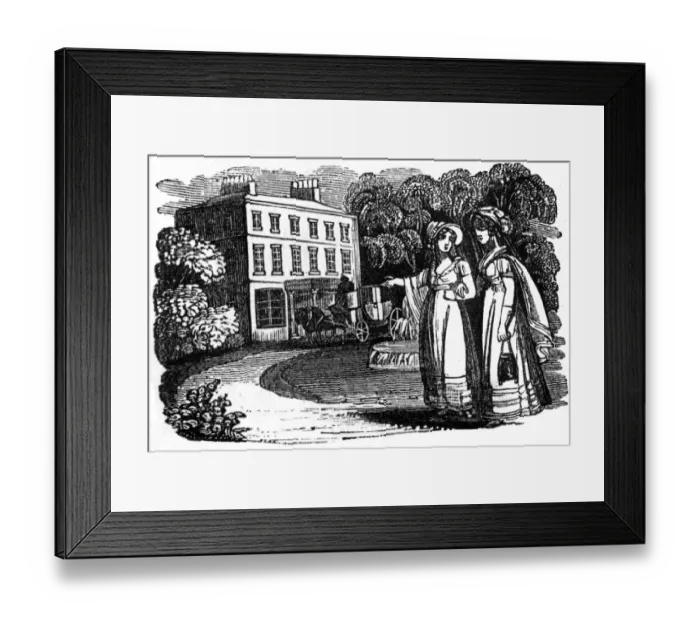 Framed Print : Two ladies outside grand house, c. 1800 Framed Print : Two ladies outside grand house, c. 1800