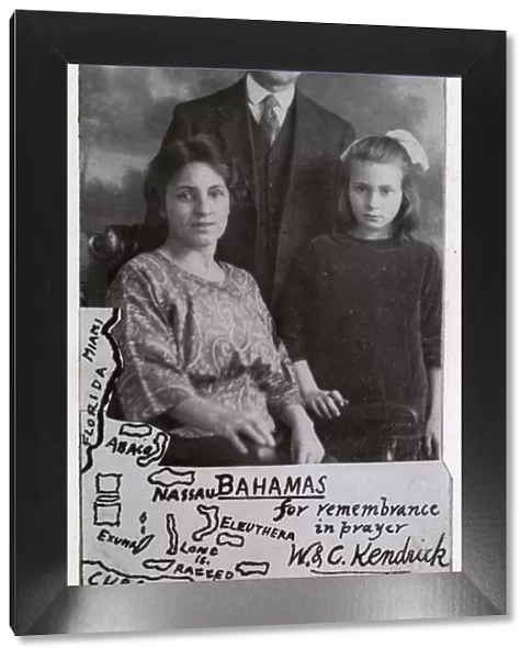 Missionary family with map of Bahamas, West Indies
