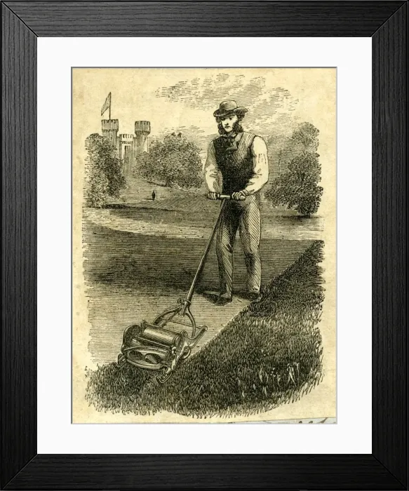 Framed Print : Man mowing in castle grounds Framed Print : Man mowing in castle grounds