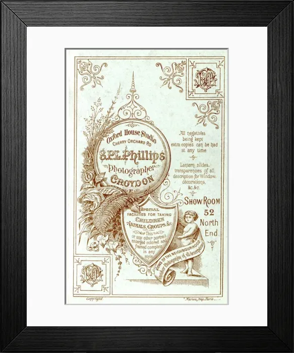 Framed Print : Carte de Visite back design,s P L Phillips, photographer Framed Print : Carte de Visite back design,s P L Phillips, photographer
