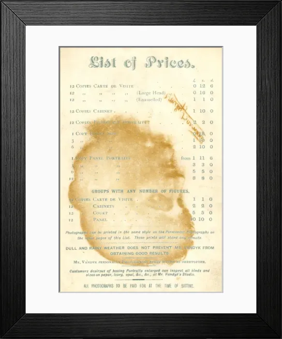 Framed Print : Price List, photographer C Vandyk, SW London Framed Print : Price List, photographer C Vandyk, SW London
