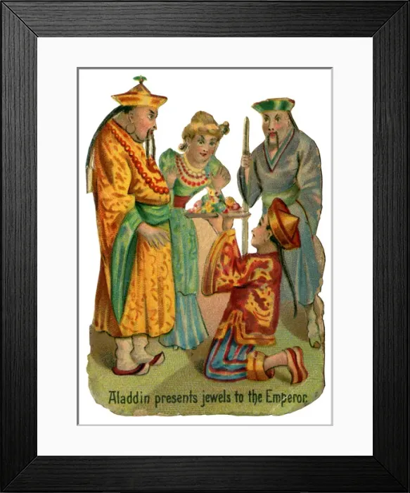 Framed Print : Victorian Scrap - Aladdin presents jewels to the Emperor Framed Print : Victorian Scrap - Aladdin presents jewels to the Emperor