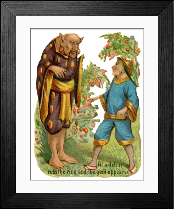 Framed Print : Victorian Scrap - Aladdin rubs the ring and the geni appears Framed Print : Victorian Scrap - Aladdin rubs the ring and the geni appears