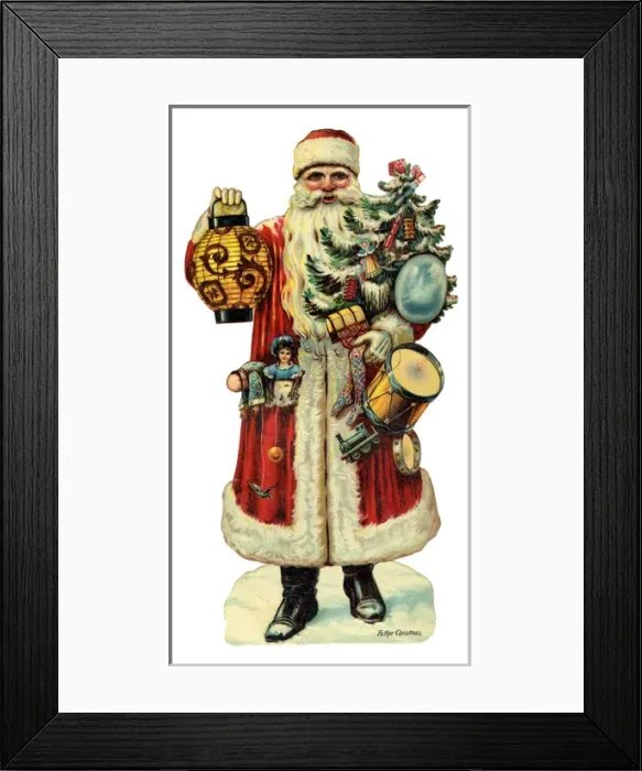 Framed Print : Victorian Scrap - Santa holding lantern, tree and presents Framed Print : Victorian Scrap - Santa holding lantern, tree and presents