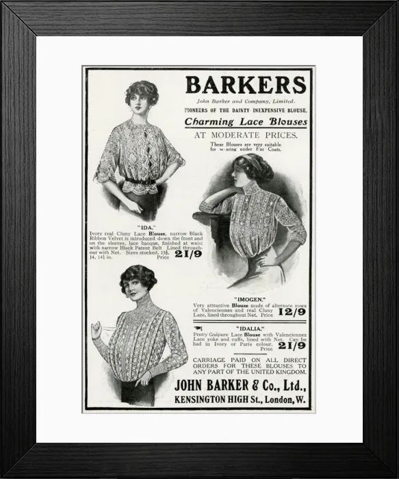 Framed Print : Advert for John Barker & Co, lace blouses 1912 Framed Print : Advert for John Barker & Co, lace blouses 1912