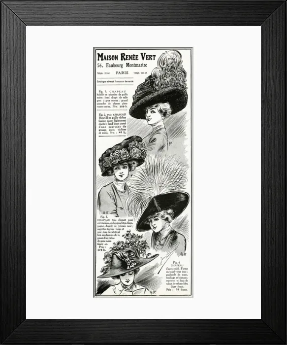 Framed Print : Advert for Maison Renee Vert, womens hats 1910 Framed Print : Advert for Maison Renee Vert, womens hats 1910