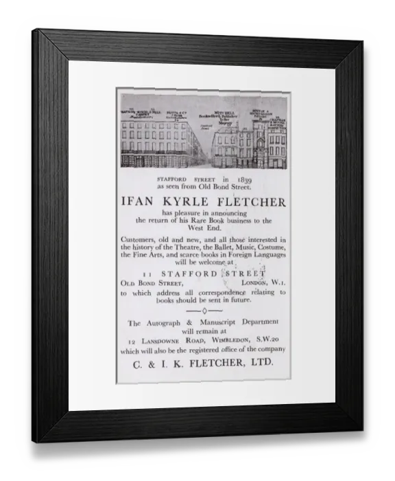 Framed Print : Advertisement, Ifan Kyrle Fletcher rare book seller, London Framed Print : Advertisement, Ifan Kyrle Fletcher rare book seller, London