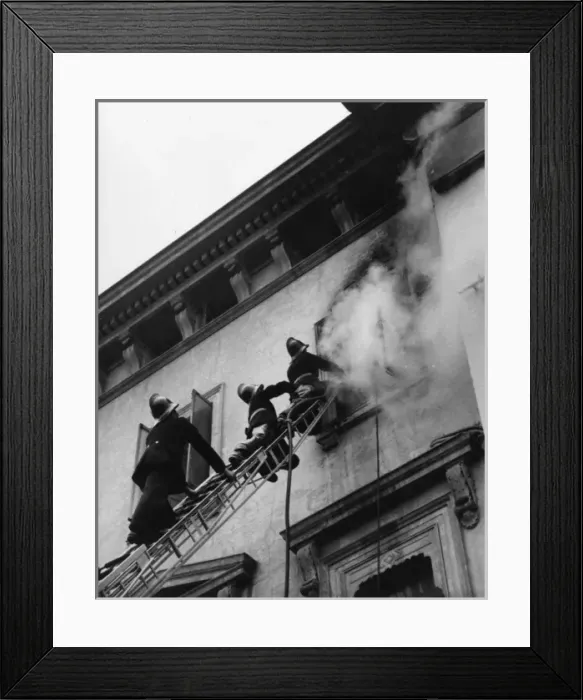 Framed Print : Firefighters in action up a ladder Framed Print : Firefighters in action up a ladder