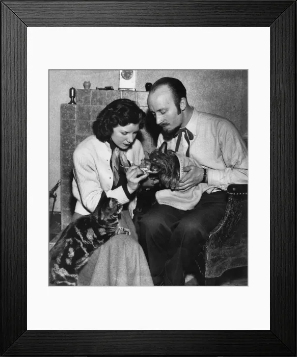 Framed Print : Couple giving medicine to a sick dog Framed Print : Couple giving medicine to a sick dog