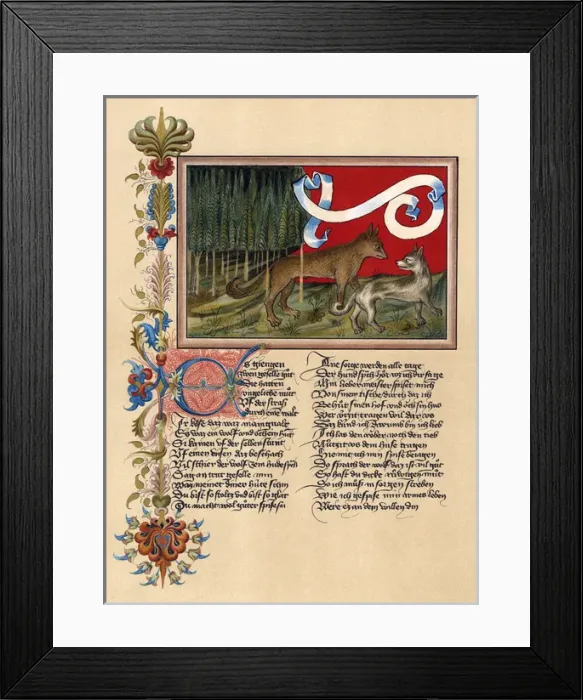 Framed Print : Manuscript with story about a dog and a wolf Framed Print : Manuscript with story about a dog and a wolf