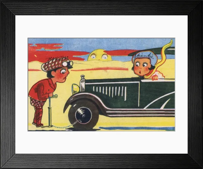 Framed Print : Humorous Dutch card - pumping up a car tyre Framed Print : Humorous Dutch card - pumping up a car tyre