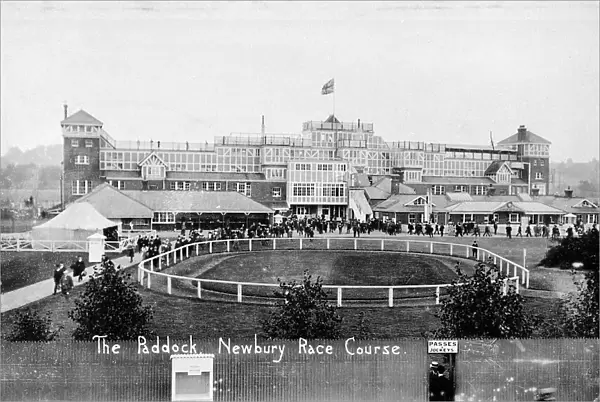 View of paddock and grandstand, Newbury racecourse