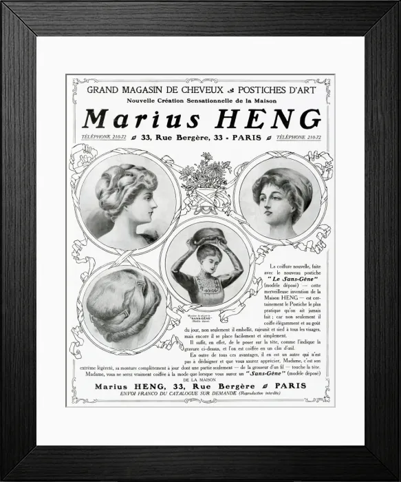 Framed Print : Advert for Marius Heng, hairpieces 1910 Framed Print : Advert for Marius Heng, hairpieces 1910