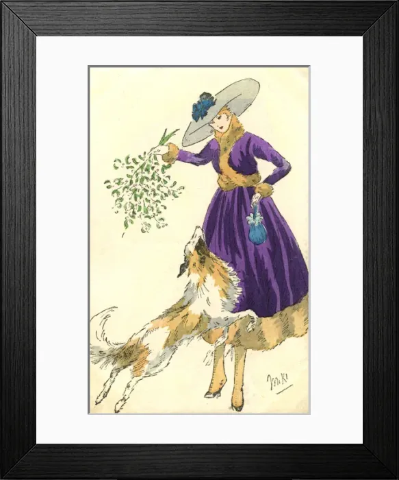 Framed Print : Pretty French lady and pet sheepdog - Christmas Mistletoe Framed Print : Pretty French lady and pet sheepdog - Christmas Mistletoe