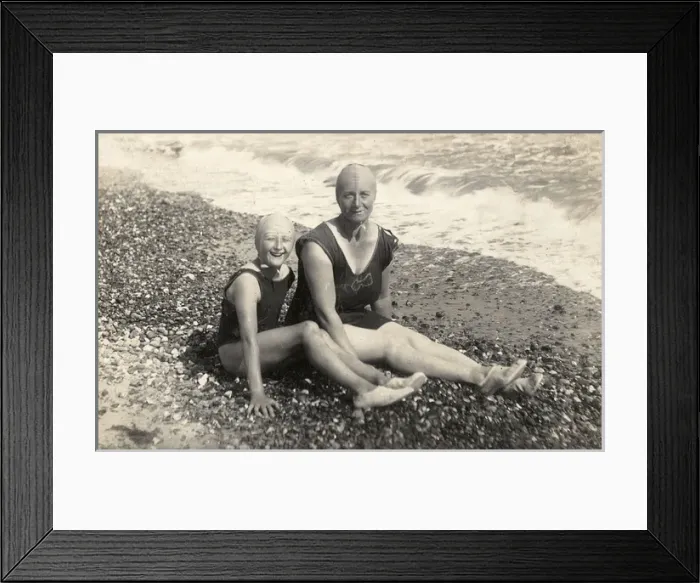 Framed Print : Mother and daughter in swimsuits and bathing caps Framed Print : Mother and daughter in swimsuits and bathing caps