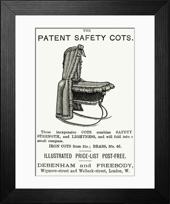 Framed Print : Advert for Debenham & Freebody safety cots 1883 Framed Print : Advert for Debenham & Freebody safety cots 1883