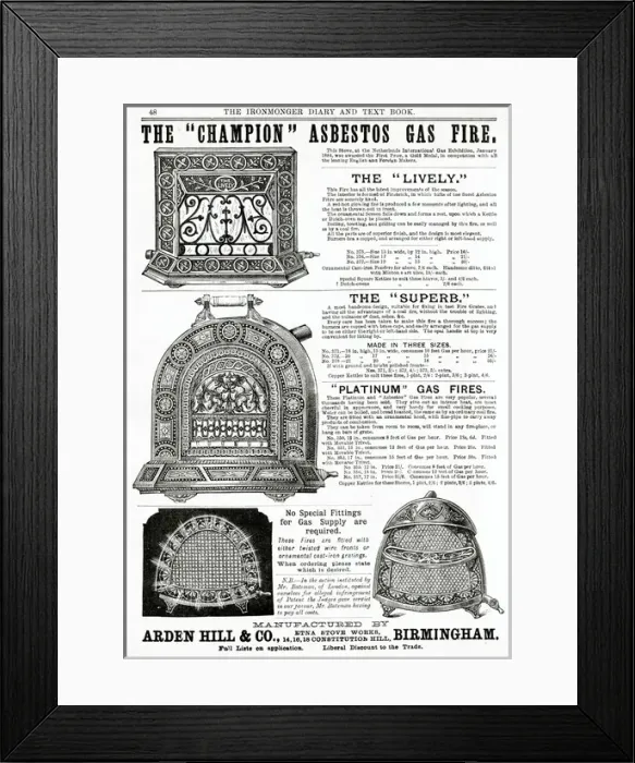 Framed Print : Advert for Arden Hills & Co gas fires 1884 Framed Print : Advert for Arden Hills & Co gas fires 1884