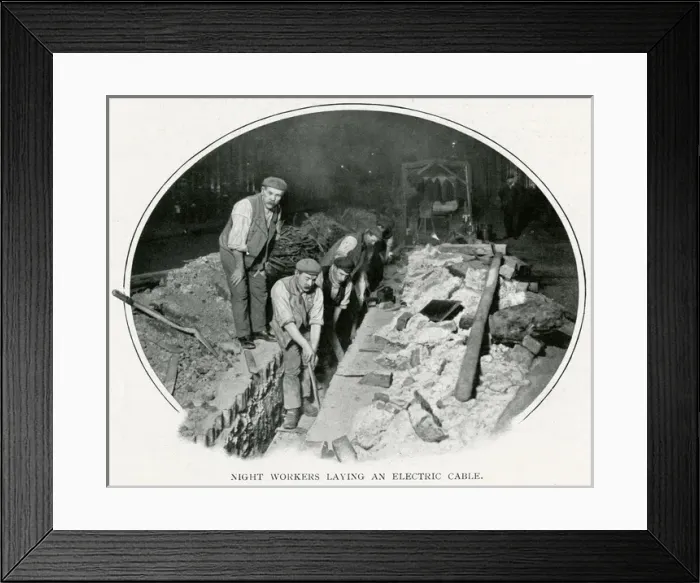 Framed Print : Night workers laying an electric cable in London 1900 Framed Print : Night workers laying an electric cable in London 1900