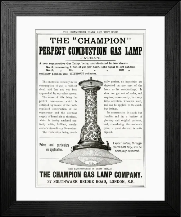 Framed Print : Advert for Champion combustion gas lamp 1889 Framed Print : Advert for Champion combustion gas lamp 1889
