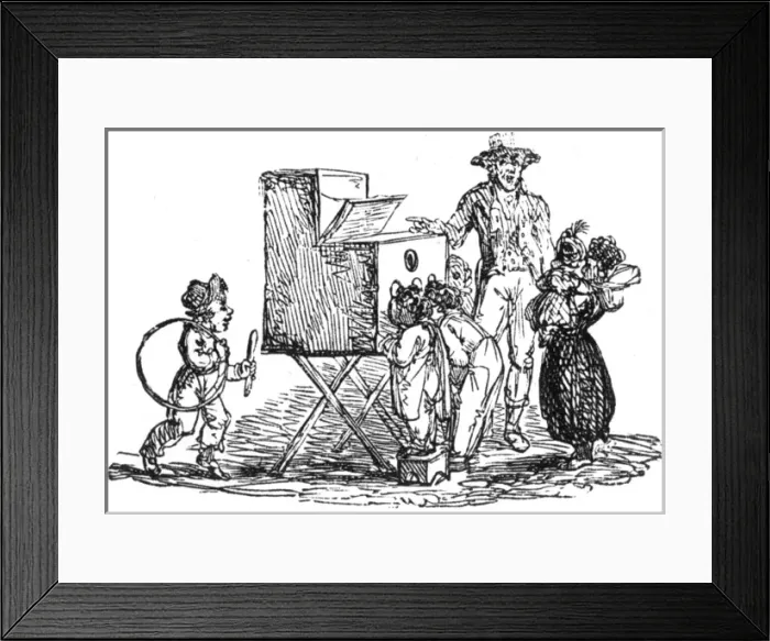 Framed Print : Children looking into a peep box device Framed Print : Children looking into a peep box device
