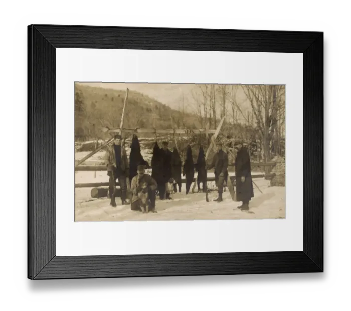 Framed Print : Men with rifles, black bears and dogs, USA Framed Print : Men with rifles, black bears and dogs, USA