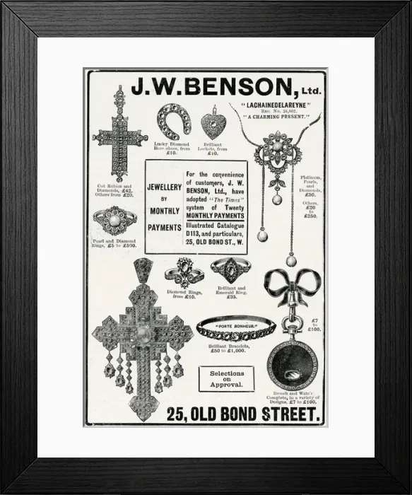 Framed Print : Advert for J. W Benson jewellery 1904 Framed Print : Advert for J. W Benson jewellery 1904