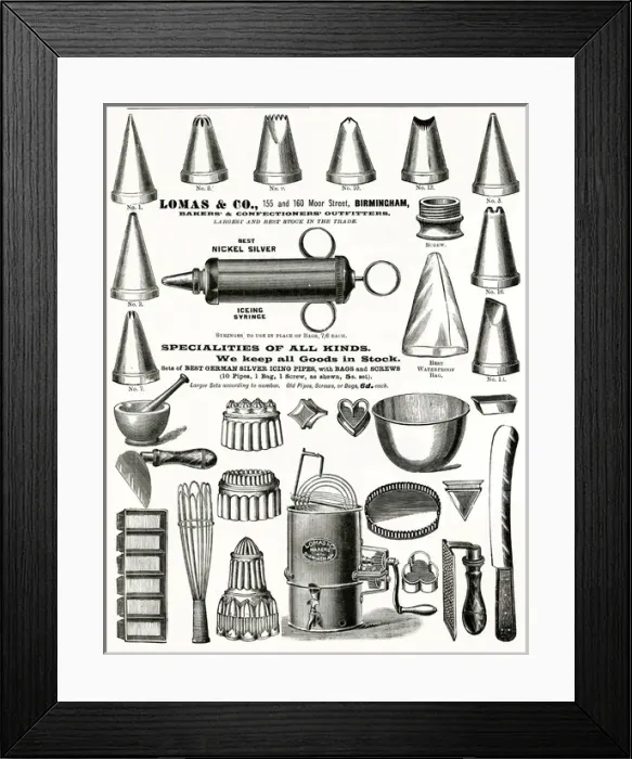 Framed Print : Advert for Lomas & Co. Cake decorating tools 1898 Framed Print : Advert for Lomas & Co. Cake decorating tools 1898