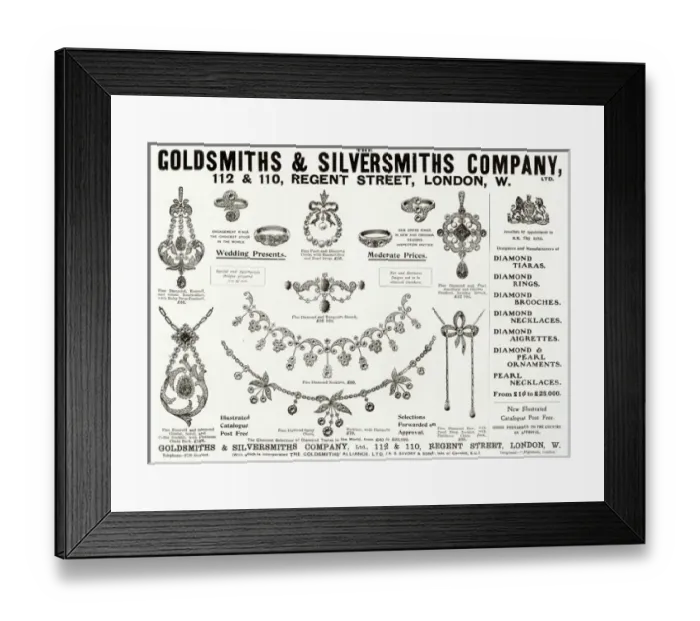 Framed Print : Advert for Goldsmiths & Silversmiths jewellery 1904 Framed Print : Advert for Goldsmiths & Silversmiths jewellery 1904