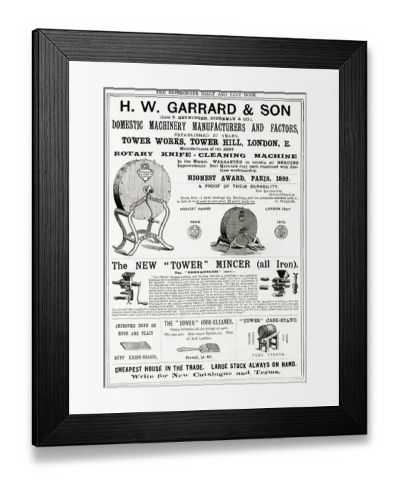 Framed Print : Advert for H. W Garrard & Son domestic equipment 1889 Framed Print : Advert for H. W Garrard & Son domestic equipment 1889
