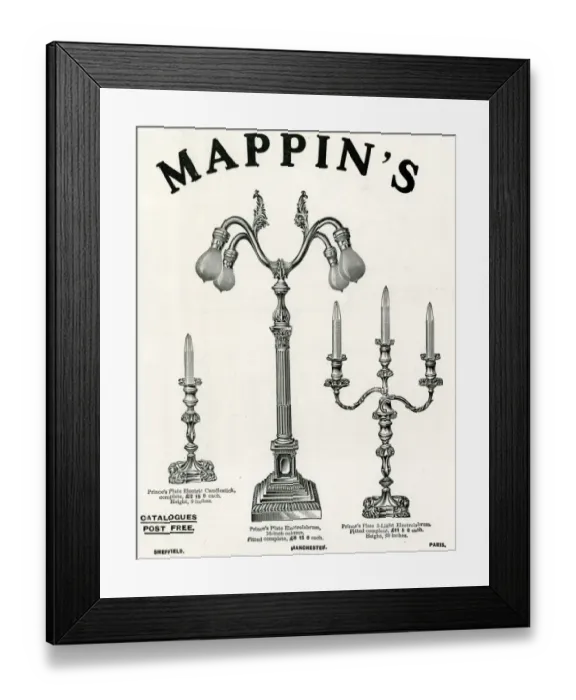 Framed Print : Advert for Mappin & Webb electic candelabras 1906 Framed Print : Advert for Mappin & Webb electic candelabras 1906