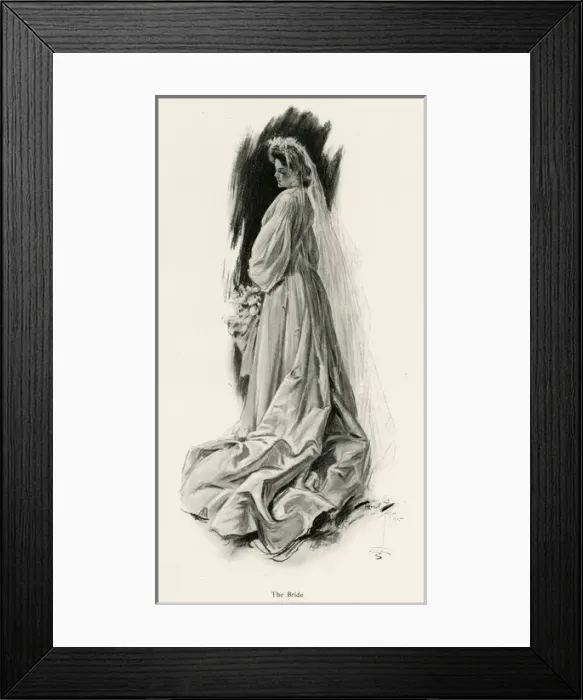 Framed Print : The Bride. Young bride wearing a loose fitted dress with trail and long veil. Date: 1905 Framed Print : The Bride. Young bride wearing a loose fitted dress with trail and long veil. Date: 1905