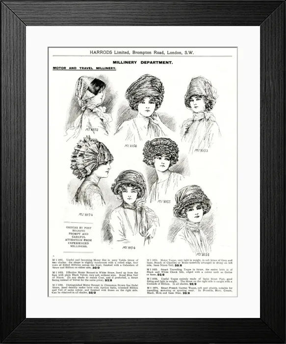 Framed Print : Trade catalogue of womens motoring and travel hats 1911 Framed Print : Trade catalogue of womens motoring and travel hats 1911
