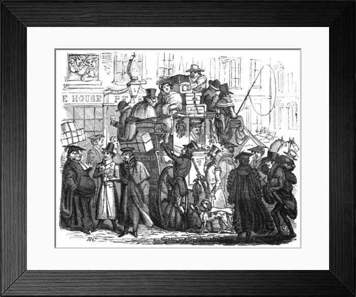 Framed Print : Heavily-laden and crowded coach, c. 1820 Framed Print : Heavily-laden and crowded coach, c. 1820